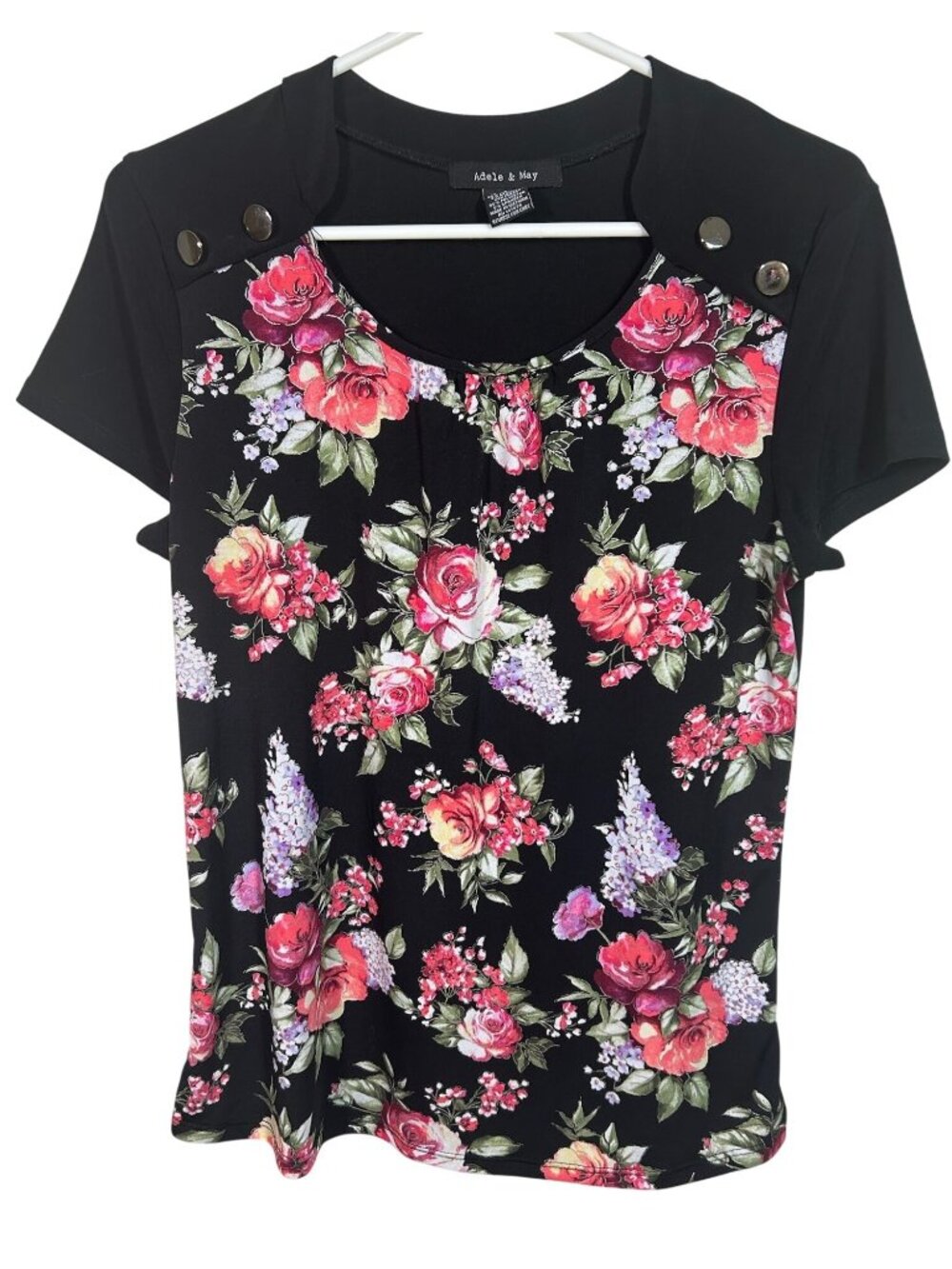 Adele & May Floral Print Top With Button Detail Black Short Sleeve Size S